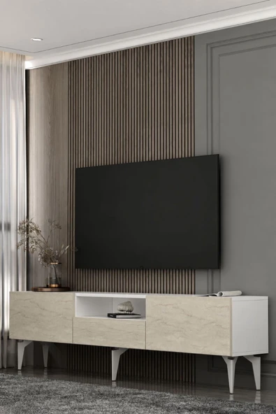 Dekortis Home Dekor 180DHDTSÇ1BTG SADEM TV SEHPASI,ÜNİTESİ BEYAZ-TRAVERTEN-GÜMÜŞ ürün görseli 1