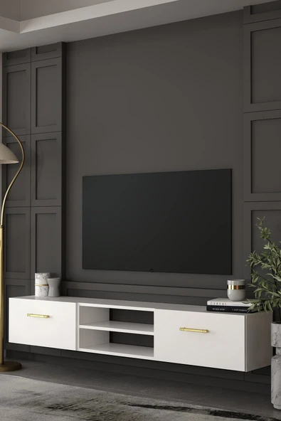 Dekortis Home Dekor 180DHDTDAR2BA EROS DUVARA MONTE TV SEHPASI,ÜNİTESİ BEYAZ-ALTIN ürün görseli 1