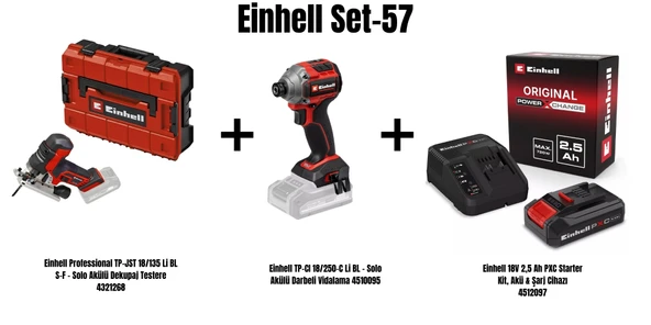 Einhell Set-57(Einhell Professional TP-JST 18/135 Li BL S-F Akülü Dekupaj Testere+Einhell TP-CI 18/250-C Li BL Akülü Darbeli Vidalama+Einhell 18V 2,5 Ah PXC Starter Kit, Akü & Şarj Cihazı) ürün görseli 1