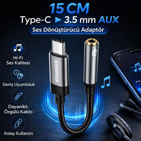 Essager 15CM Type C To 3.5mm Aux Kulaklık Ses Dönüştürücü Adaptör, Hifi Ses Destekli Aux Çevirici ürün görseli 1