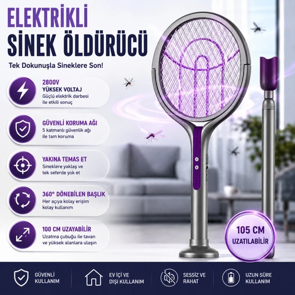 Polham 105 CM Uzatılabilir Elektrikli Sinek Öldürücü Raket, Şarjlı 2800V Yüksek Voltajlı, 360 Dönebilen Başlıklı Sinek Öldürücü ürün görseli 1