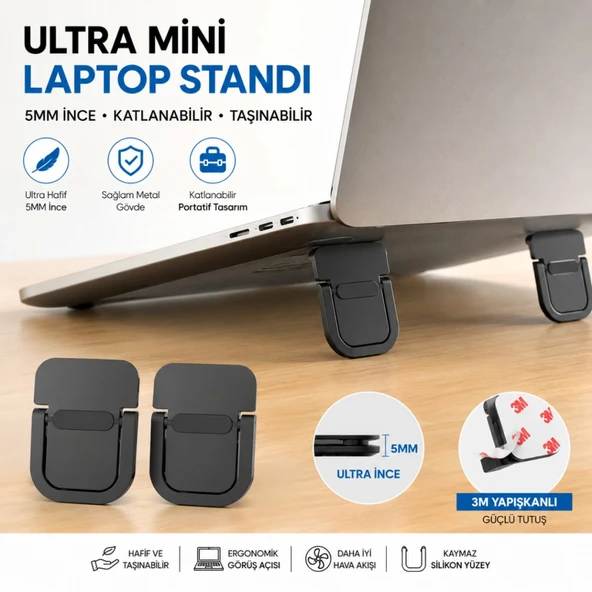 Polham Metal 2 adet 5MM 3M Yapışkanlı Katlanabilir Ultra Mini Laptop Standı,Portatif Taşınabilir ürün görseli 1
