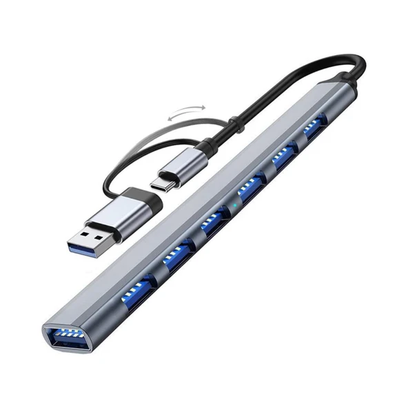 Polham 7in1 Type C/USB to 7x USB 3.0 Çoğaltıcı Okuyucu Hup Adaptör, Klavye, Mouse, Yazıcı, USB Okuyucu ürün görseli 1