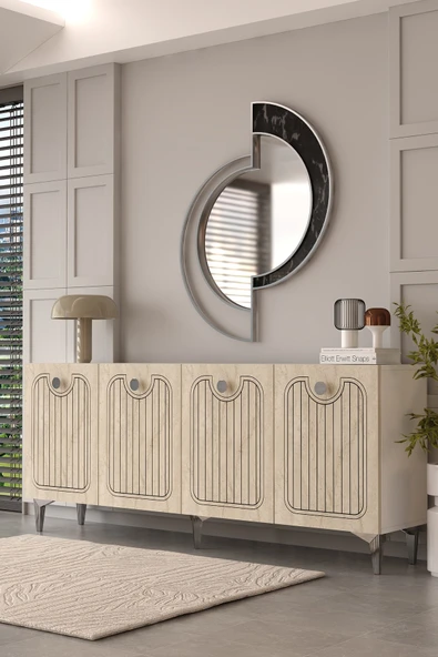 Dekortis Home Dekor 180DHDK3BTG HERA LAZER DESENLİ KONSOL ve TV SEHPASI, ÜNİTESİ BEYAZ-TRAVERTEN-GÜMÜŞ ürün görseli 1
