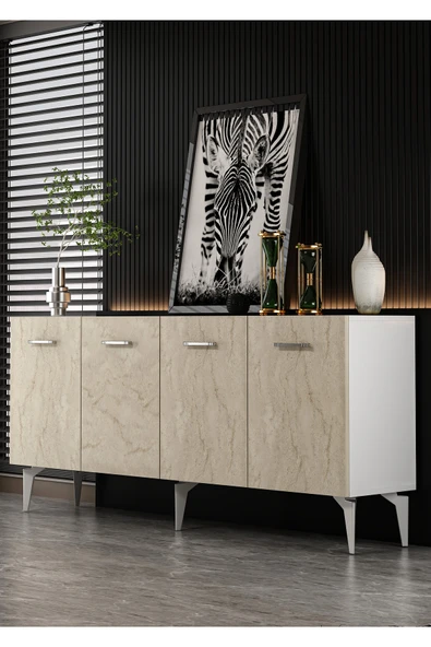 Dekortis Home Dekor 180DHDK2BTG EROS KONSOL ve TV SEHPASI, ÜNİTESİ BEYAZ-TRAVERTEN-GÜMÜŞ ürün görseli 1