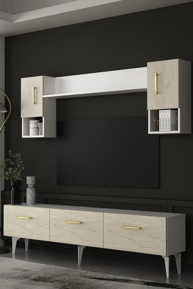 Dekortis Home Dekor 180DHDTÜ2BTA EROS TV ÜNİTESİ TAKIMI BEYAZ-TRAVERTEN-ALTIN ürün görseli 1