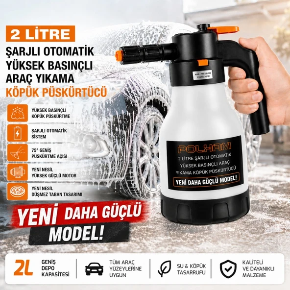 Polham Yeni Nesil 2 Litre Şarjlı Otomatik Basınçlı Araç Yıkama Köpük Püskürtücü, Araç, Jant, Bahçe Yıkama Pompası ürün görseli 1