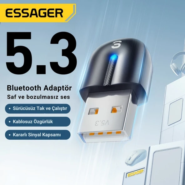 Essager Bluetooth 5.3 sürücüsüz tak-çalıştır Bluetooth Adaptörü, Tv, PC, Kulaklık, Ses Sitemi Uyumlu ürün görseli 1