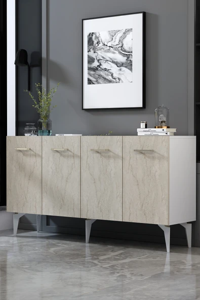Dekortis Home Dekor 150DHDK2BTG EROS KONSOL ve TV SEHPASI, ÜNİTESİ BEYAZ-TRAVERTEN-GÜMÜŞ ürün görseli 1