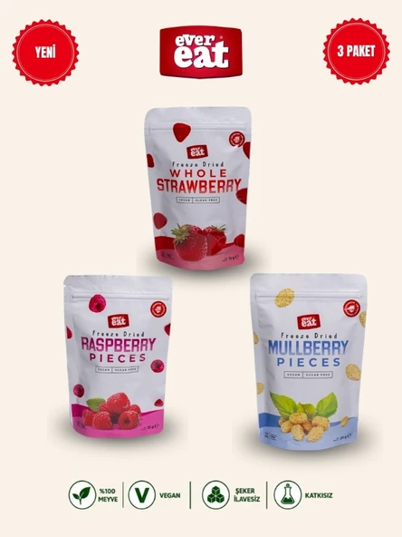 Evereat Çilek-Frambuaz-Dut Freeze Dry Meyve Cipsi 3'lü Paket Gurme Atıştırmalık ürün görseli 1