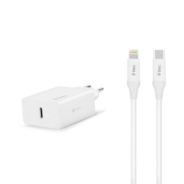 Ttec 20W PD Type C Girişli Şarj Adaptörü ve 1.2 Metre İphone Lightning Şarj Kablosu, Akım ve Isı Korumalı ürün görseli 1