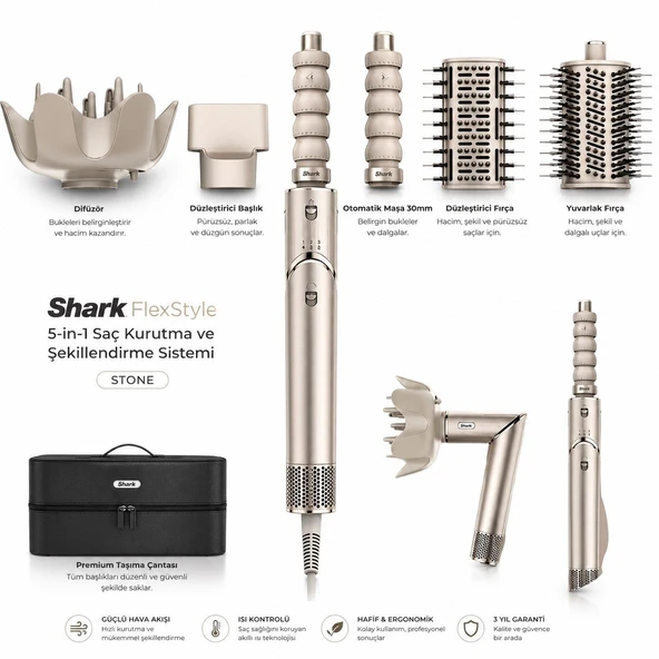 Shark FlexStyle 5-in-1 Taş Rengi Yüksek Kaliteli Saç Şekillendirici Seti, 3 Isı 3 Hız Ayarı, Akıllı ürün görseli 1