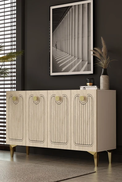 Dekortis Home Dekor 120DHDK3BTA HERA LAZER DESENLİ KONSOL ve TV SEHPASI, ÜNİTESİ BEYAZ-TRAVERTEN-ALTIN ürün görseli 1
