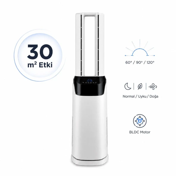 Fakir Kule tipi kanatsız vantilatör beyaz 70 W, uzaktan kumanda, 12 hız kademesi, sıcaklık göstergesi, 12 saat zamanlayıcı ve geniş salınımlı güçlü serinlik ürün görseli 1