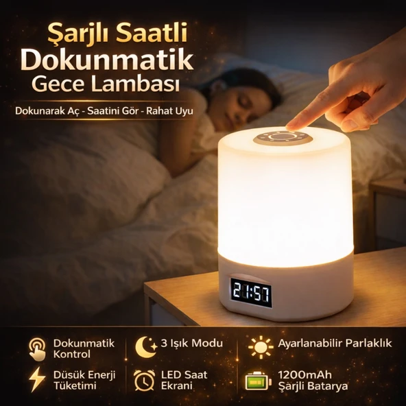 Polham 1200mAh Şarjlı Saatli Dokunmatik LED  Masa Lambası, 3 Işık Modlu,  Parlaklık Ayarlı Gece Lambası ürün görseli 1