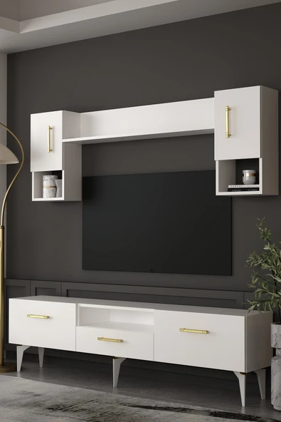 Dekortis Home Dekor 180DHDTÜÇ2BA EROS TV ÜNİTESİ TAKIMI BEYAZ-ALTIN ürün görseli 1