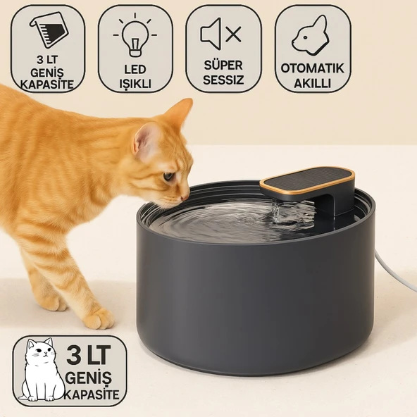 Polham LED Işıklı Süper Sessiz Otomatik Akıllı 3lt Kedi Su Pınarı Kedi Su Sepili Kabı Kedi ve Köpekler İçin Su Pınarı ürün görseli 1