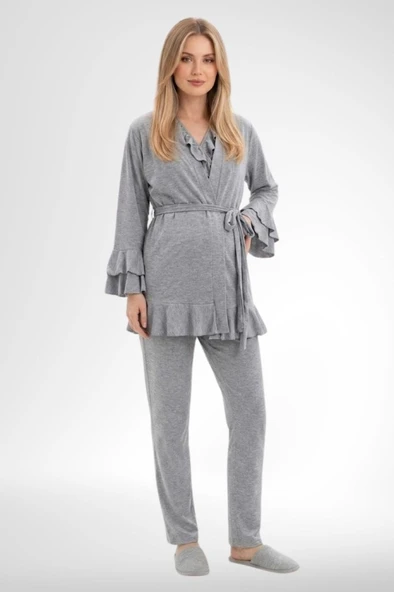 Mecit 6403 Gri Sabahlıklı Lohusa Pijama Takımı ürün görseli 1