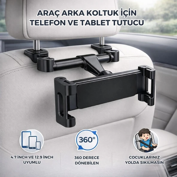 Polham 4.7 İnch ve 12.9 İnch Uyumlu Araç Arka Koltuk İçin Telefon ve Tablet Tutucu, 360 Derece Dönebilen Tablet Tutucu ürün görseli 1