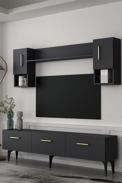 Dekortis Home Dekor 180DHDTÜ2AA EROS TV ÜNİTESİ TAKIMI ANTRASİT-ALTIN ürün görseli 1