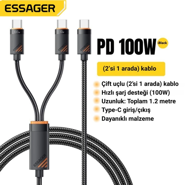 Essager 1.2 Metre 100W 2in1 Type C to 2x Type C Şarj ve Data Kablosu, Çift Cihaz Desteği, Dayanıklı Örgülü Tasarım, ürün görseli 1