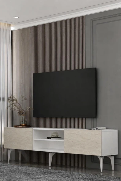 Dekortis Home Dekor 180DHDTSR1BTG SADEM TV SEHPASI,ÜNİTESİ BEYAZ-TRAVERTEN-GÜMÜŞ ürün görseli 1