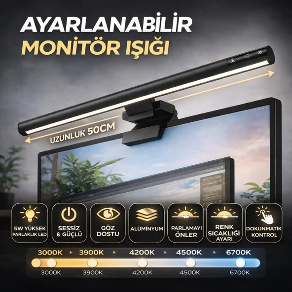 Polham Profesyonel 50 CM Ayarlanabilir LED Monitör Işığı, Göz Korumalı Renk Sıcaklığı Ayarlı Alüminyum Monitör Lambası ürün görseli 1