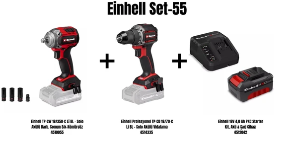 Einhell Set-55(Einhell TP-CW 18/350-C Li BL Akülü Darb. Somun Sık-Kömürsüz+Einhell Profesyonel TP-CD 18/70-C Li BL Akülü Vidalama 4514335+Einhell 18V 4,0 Ah PXC Starter Kit, Akü & Şarj Cihazı) ürün görseli 1