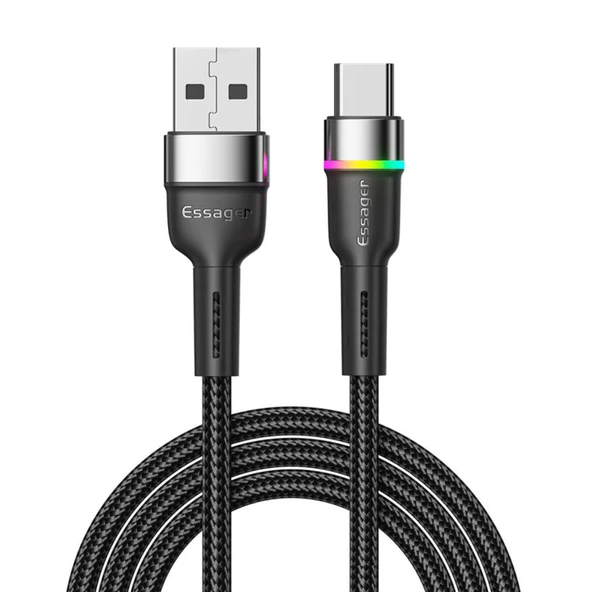 Essager LEd Işıklı 1 Metre 3A USB to Type-C Ultra Hızlı Şarj Kablosu,Dayanıklı Renkli Led Işıklı Kablo ürün görseli 1