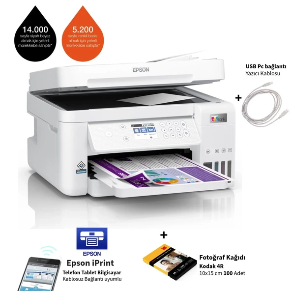 Epson Kablosuz Renkli Tanklı Yazıcı Dubleks Baskı ve Tarama Otomatik Belge Besleyici Wi-Fi Direct Ethernet AirPrint Destekli Yüksek Hızlı Ekonomik Yazıcı ürün görseli 1