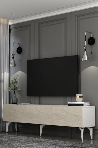 Dekortis Home Dekor 180DHDTS1BTG SADEM TV SEHPASI,ÜNİTESİ BEYAZ-TRAVERTEN-GÜMÜŞ ürün görseli 1