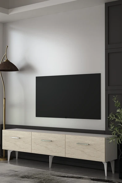 Dekortis Home Dekor 180DHDTS2BTG EROS TV SEHPASI,ÜNİTESİ BEYAZ-TRAVERTEN-GÜMÜŞ ürün görseli 1