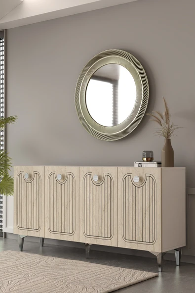 Dekortis Home Dekor 150DHDK3BTG HERA LAZER DESENLİ KONSOL ve TV SEHPASI, ÜNİTESİ BEYAZ-TRAVERTEN-GÜMÜŞ ürün görseli 1