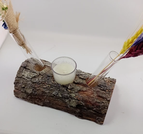 Woodile Doğal Meşe Ahşap Çift Çiçekli Mumluk ve Kuru Çiçek Seti ürün görseli 1