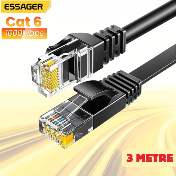 Essager 3 Metre CAT6 1000Mbps Süper Hızlı Gecikmesiz Ethernet Kablosu, 1Gbps Altın Kablama Uçlu İnternet Kablosu ürün görseli 1