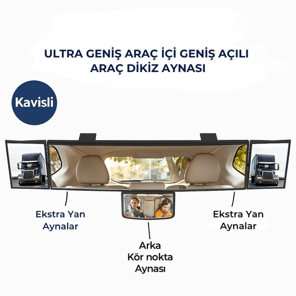 Polham Kavisli Ultra Geniş Araç İçi Dikiz Aynası | Ekstra Yan ve Kör Nokta Aynalı, Tüm Araçlara Uyumlu ürün görseli 1