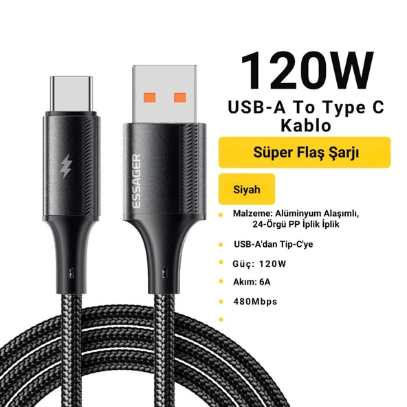 Essager 2 Metre 6A 120W Mega Hızlı USB To Type C Şarj Data Kablosu, Akım,Isı Korumalı, Güçlü Kablo ürün görseli 1