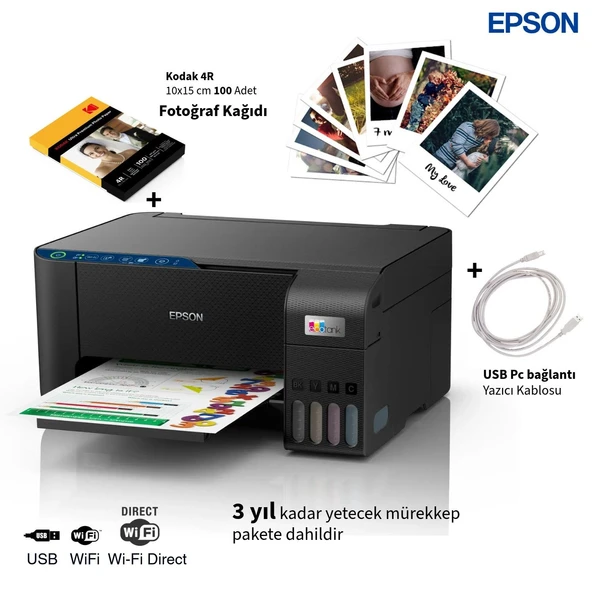 Epson Renkli Tanklı Yazıcı Baskı Tarama Fotokopi Wi-Fi Wi-Fi Direct USB Bağlantılı Mürekkep Püskürtmeli Çok Fonksiyonlu Ev ve Ofis Tipi Ekonomik Yazıcı ürün görseli 1
