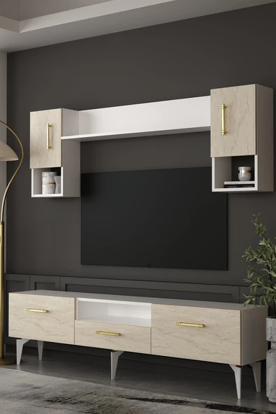 Dekortis Home Dekor 180DHDTÜÇ2BTA EROS TV ÜNİTESİ TAKIMI BEYAZ-TRAVERTEN-ALTIN ürün görseli 1