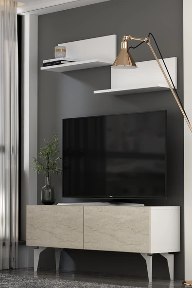 Dekortis Home Dekor 120DHDTÜR1BTG SADEM RAFLI TV SEHPASI,ÜNİTESİ BEYAZ-TRAVERTEN-GÜMÜŞ ürün görseli 1