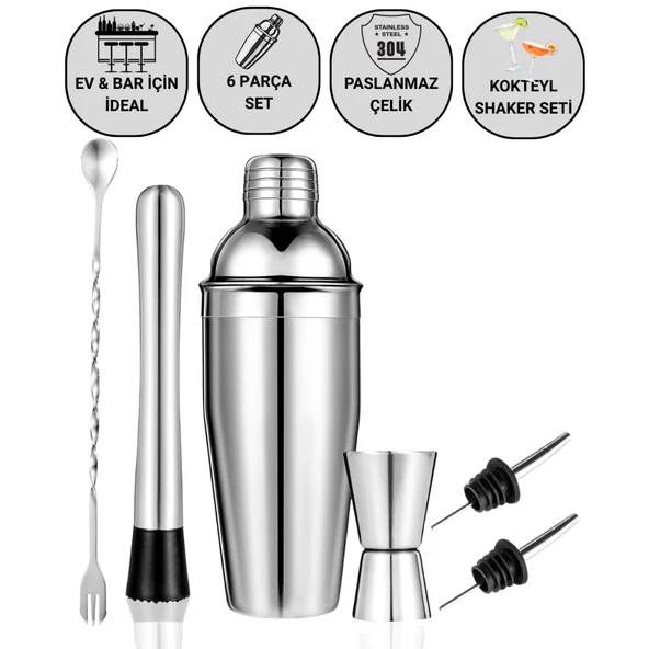 Polham 6 Parça 750ML Paslanmaz Çelik Kokteyl Shaker Seti – Ev ve Bar İçin İdeal, Sızdırmaz kapaklı ürün görseli 1