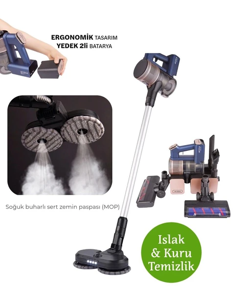 Arnica Yüksek Emiş Gücü, Multi-Siklon Filtre Solara Pro Mop Islak Kuru 120 Dakika Çift Bataryalı Şarjlı Dikey Süpürge ürün görseli 1