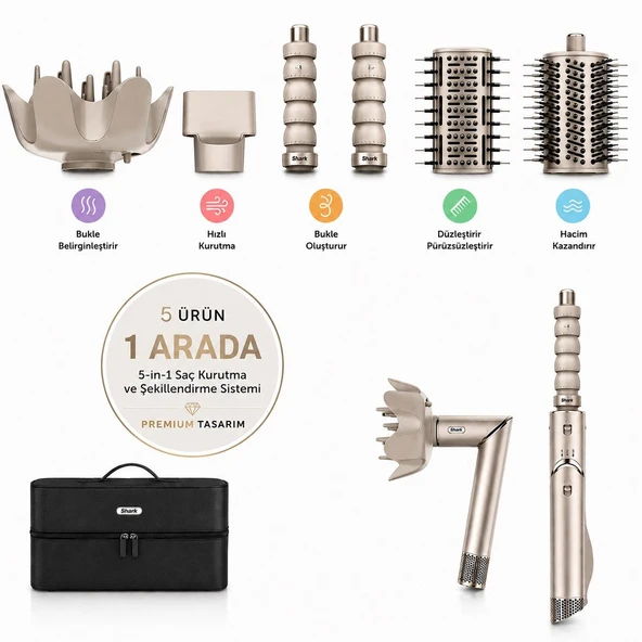 Shark FlexStyle 5-in-1 Stone Üstün Kaliteli Fön Fırçası Set, Difüzör, Oval Fırça, Düzleştirici Fırça ürün görseli 1