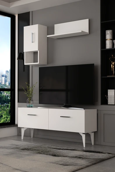 Dekortis Home Dekor 120DHDTDR2BG EROS RAFLI TV SEHPASI,ÜNİTESİ BEYAZ-GÜMÜŞ ürün görseli 1