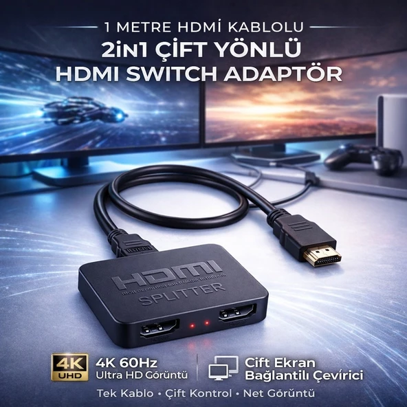 Polham 1mt HDMİ Kablolu 2in1 Çift Yönlü HDMI Switch Adaptör, 4K 60Hz, Çift Ekran Bağlantılı Çevirici ürün görseli 1