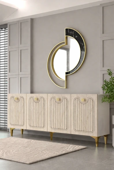 Dekortis Home Dekor 180DHDK3BTA HERA LAZER DESENLİ KONSOL ve TV SEHPASI, ÜNİTESİ BEYAZ-TRAVERTEN-ALTIN ürün görseli 1