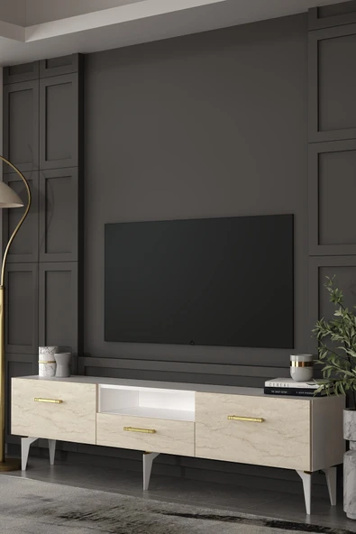 Dekortis Home Dekor 180DHDTSÇ2BTA EROS TV SEHPASI,ÜNİTESİ BEYAZ-TRAVERTEN-ALTIN ürün görseli 1