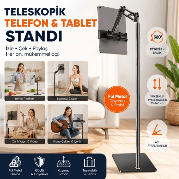 Polham Ful Metal Teleskopik Açı ve Yükseklik Ayarlı Telefon ve Tablet Tutucu Stand, Video İzlemek Çekmek İçin Stand ürün görseli 1