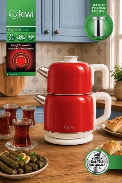 Kiwi KTM-2921 Paslanmaz Çelik Çay Makinesi | 1800W & 2.2 L Su Isıtıcı & 1.2 L Demlik & 90°C Sıcak Tutma - Kırmızı ürün görseli 1