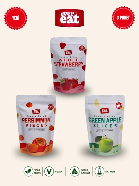 Evereat Çilek-Cennet Hurması-Elma Freeze Dry Meyve Cipsi 3'lü Paket Doğal Atıştırmalık ürün görseli 1